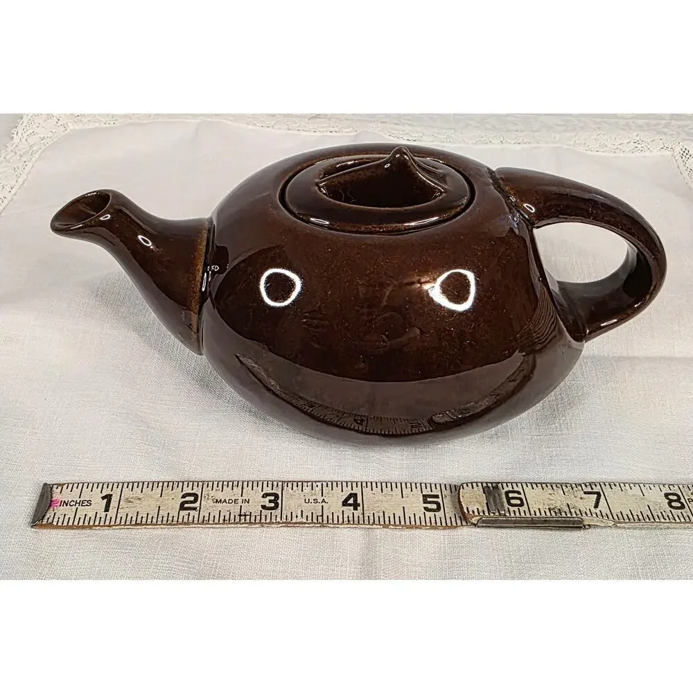 Small Vintage Pottery Teapot w/Lid Brown Glossy Glaze Rustic Primitive Farmhouse